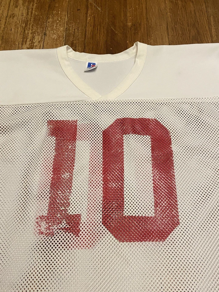 Camiseta deportiva de fútbol recortada blanca de malla atlética Russell de colección de los 90 para hombre pequeña mediana Foto 3 de 4