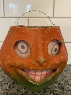 Antique Vintage 5 1/2” Grinning Paper Mache Halloween Pumpkin Jack O Lantern