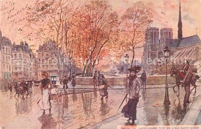 Paris Eglise Notre Dame vue de l'Ile Saint Louis Dessin Kuenstlerkarte