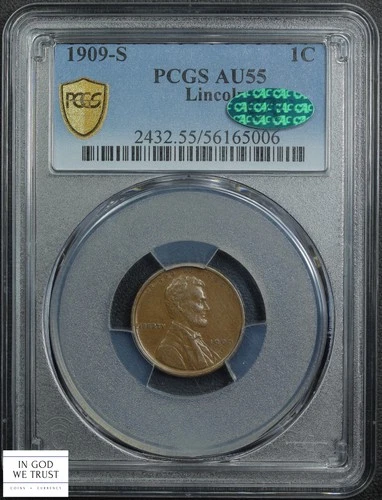 1909 S Lincoln Wheat Copper Cent 1C PCGS AU 55 CAC