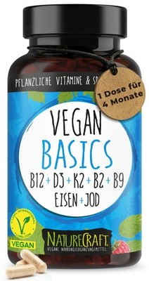 Vegan Basics - Vitamin B12+D3+K2+B2+B9 Folsäure + Eisen + Jod - Komplex mit... 