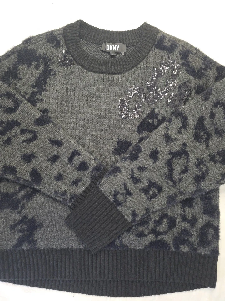 DKNY Sweater Gray Black Sequin Leopard Thick Cozy Relaxed Boxy Fit Large - Image 4 of 4