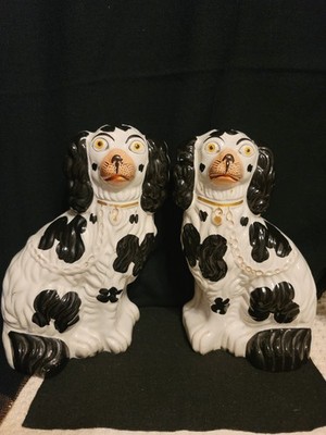 PAIR OF STAFFORDSHIRE  POTTERY SPANIEL MANTLE DOGS