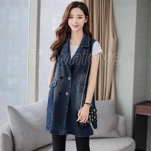 Women Sleeveless Mid Long Jacket Denim Vest Open Front Cardigan Coat Casual Tops - Picture 8 of 8