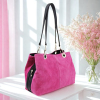 Pink Women Suede Leather 3 Compartment Shoulder Bag Large Tote Purse