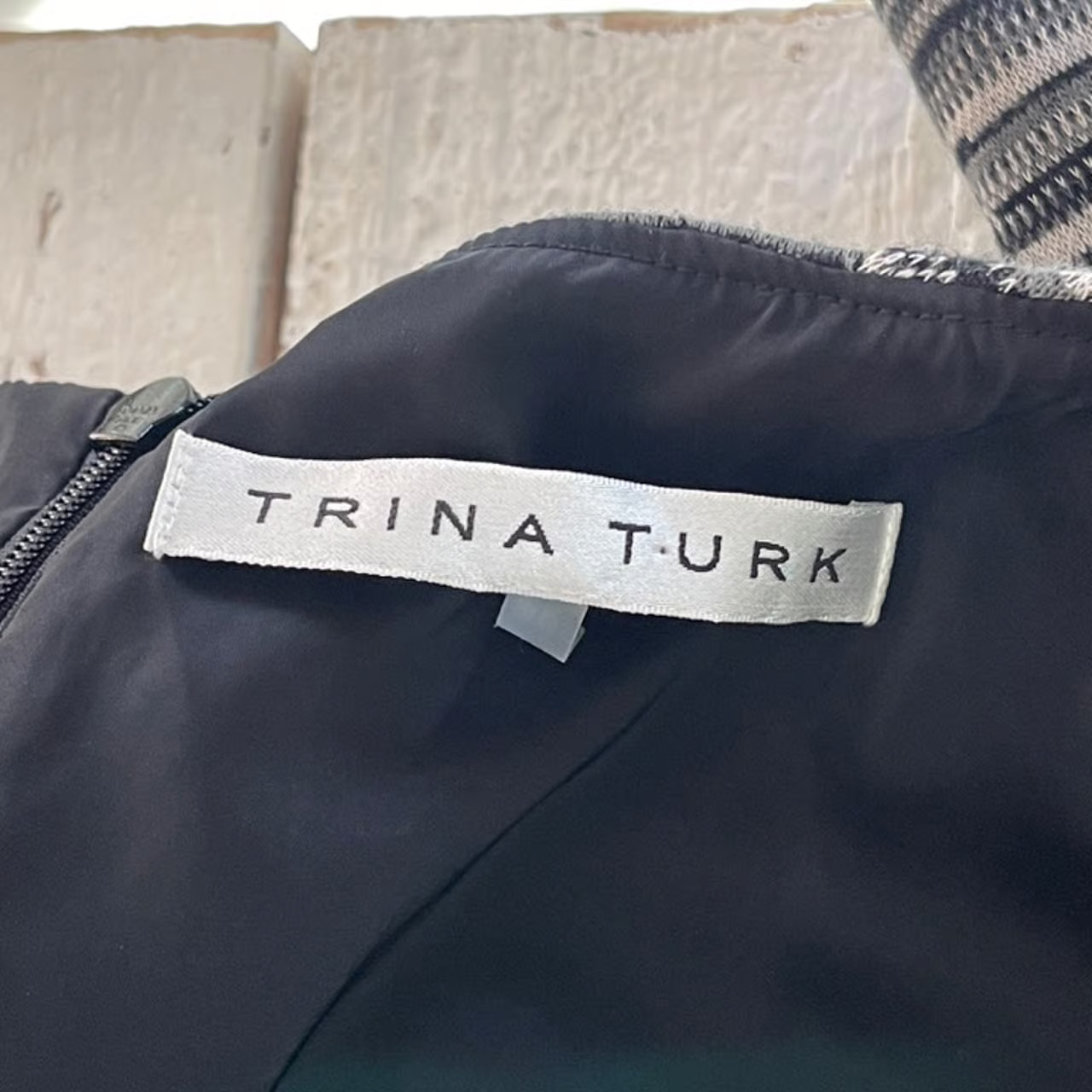 Trina Turk Size 10 Woman's Black Gray Striped Knit Sheath Career Dress