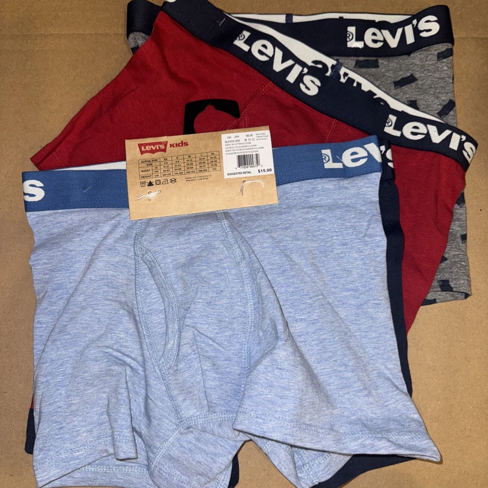 Paquete de 4 calzoncillos boxer de algodón elástico suave Levis para niños talla 10-12 medianos gris marino rojo Foto 4 de 4