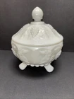 Vintage Westmoreland Milk Glass Covered 3-Toed Candy Dish Paneled Grape Lid 5"