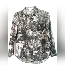 Carven Silk Blouse Black White Goth Woods Forest Print Long Sleeve Size Medium