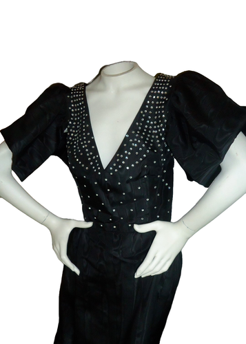 Rose Taft Couture VTG Sz 12 L Black Dress Formal Gown Moiré Taffeta Embellished - Picture 3 of 24