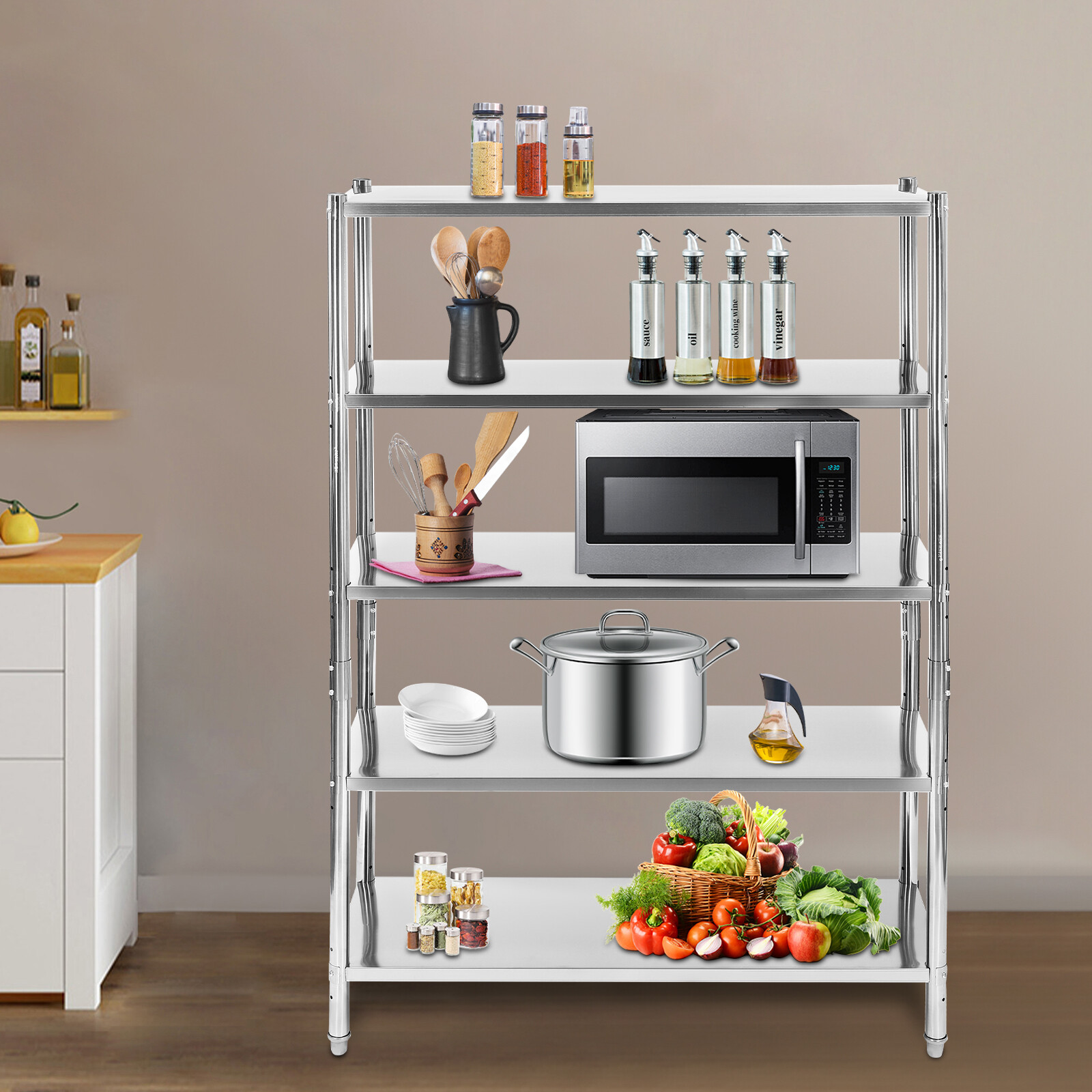 5 Tiers Adjustable Shelf Storage Stainless Steel Heavy Duty Shelving For Storing