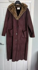 Beautiful Brown Women's Faux Suede Long Coat Ann Harvey Size 22 Faux Fur Collar