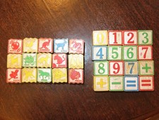 31 Vintage WOOD ALPHABET BLOCKS w/ Letters, Numbers, Animals for Kids Children