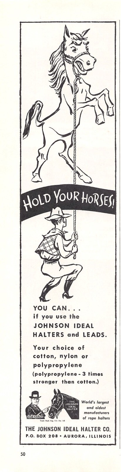 Johnson Ideal Halter Co Hold Your Horses Rope & Tack Aurora IL Vtg Mag Print Ad