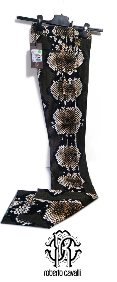 Pantalones Roberto Cavalli CKT224 FP801 Mujer Tejidos Serpiente Estampado Pitón Talla 40 (0002)