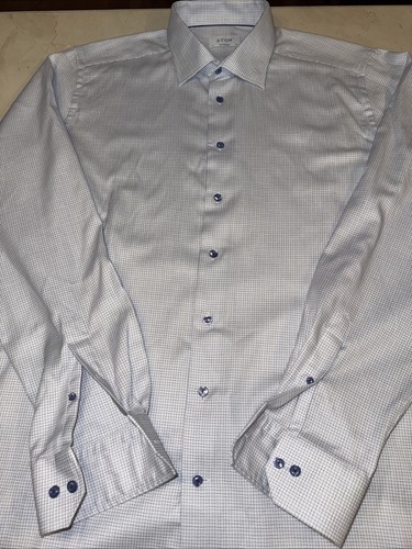 ETON MENS WHITE/BLUE MICRO CHECK CONTEMPORARY FIT DRESS SHIRT SIZE 18.5/37 $250 - Picture 4 of 8