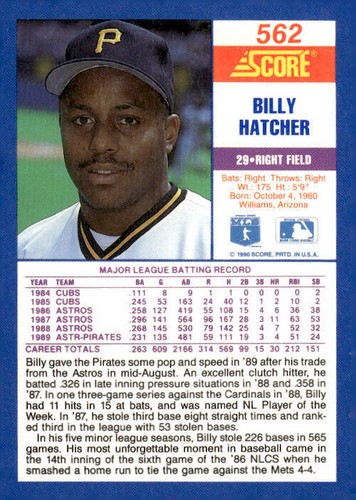 1990 Score #562 Billy Hatcher - Picture 2 of 2