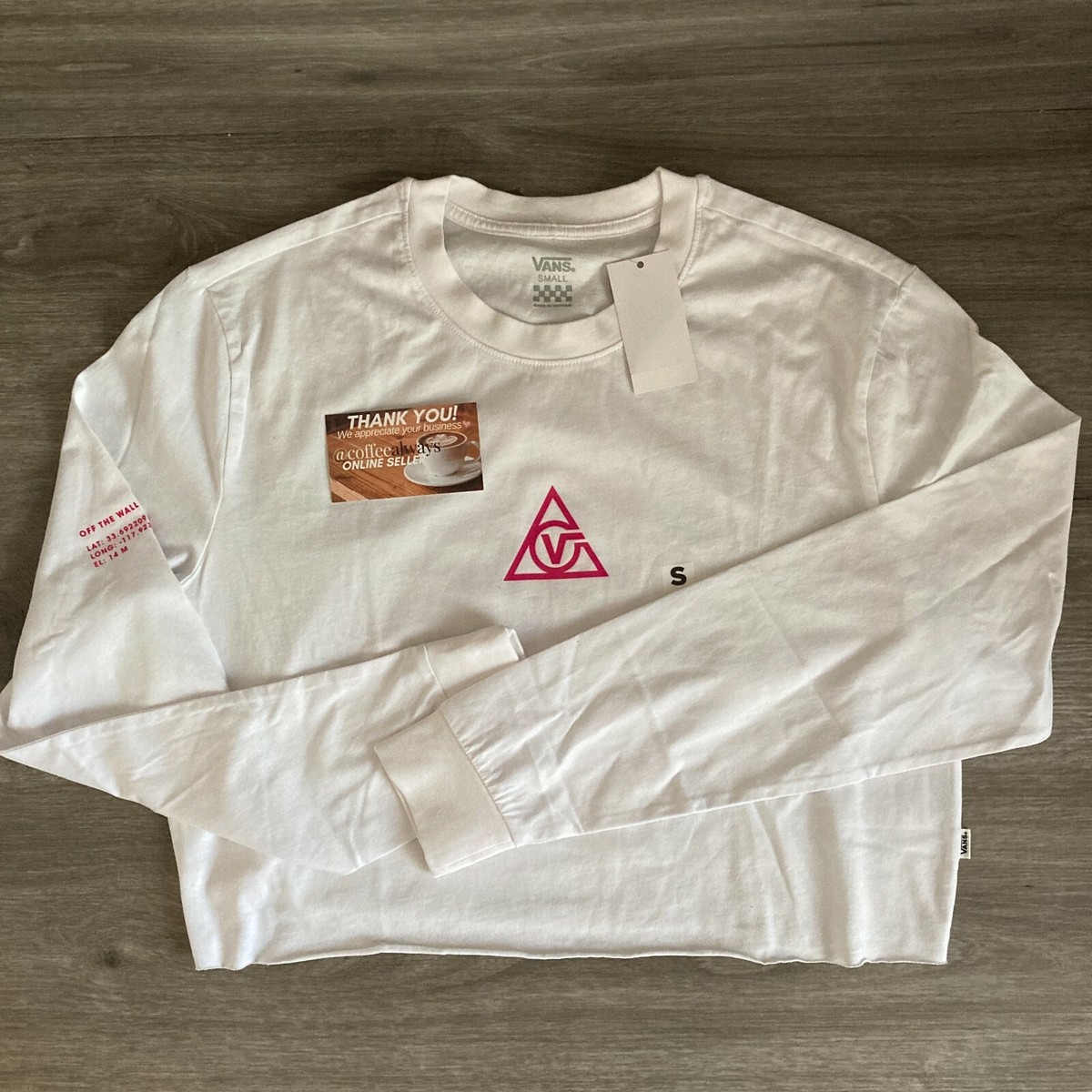 Vans 66 Supply Tri Boyfriend Long Sleeve Crop T-Shirt White Pink Size M NWT