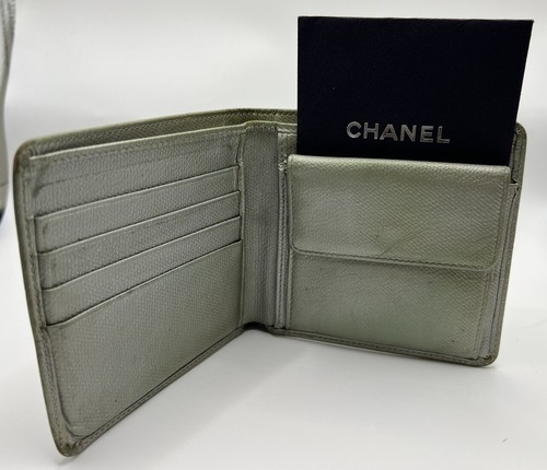CHANEL CoCo Button Bifold Folding Compact Wallet Leather Vtg Green Men Women - Picture 3 of 24