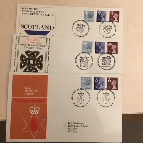 GB DEFINITIVE JAN 1978 3 FIRST DAY COVERS FDC Scotland Wales N. Ireland See Scan