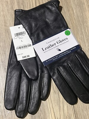 Large Charter Club Women's Cashmere Lined Leather Gloves In Black  BNWTS