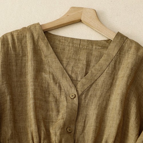 Women V-neck Blouse Shirt Top Cotton Linen Loose Button Casual Tie Waist - Picture 10 of 16