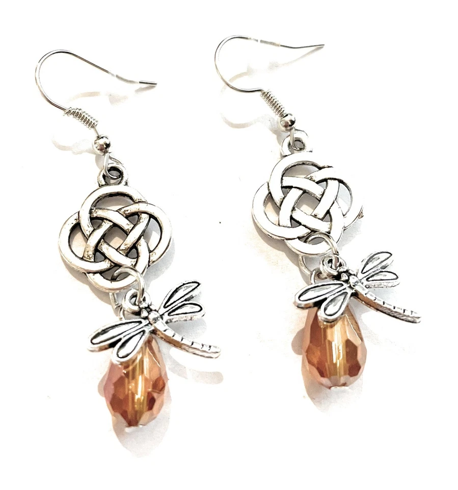 Outlander Orecchini Pendenti Libellula Ambra Nodo Scozzese Sassenach Nichel Free - Immagine 2 di 2
