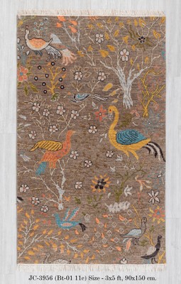 3x5 Small Rug Brown Birds Scene Modern Oushak Hand Knotted Soft Quality Wool Rug