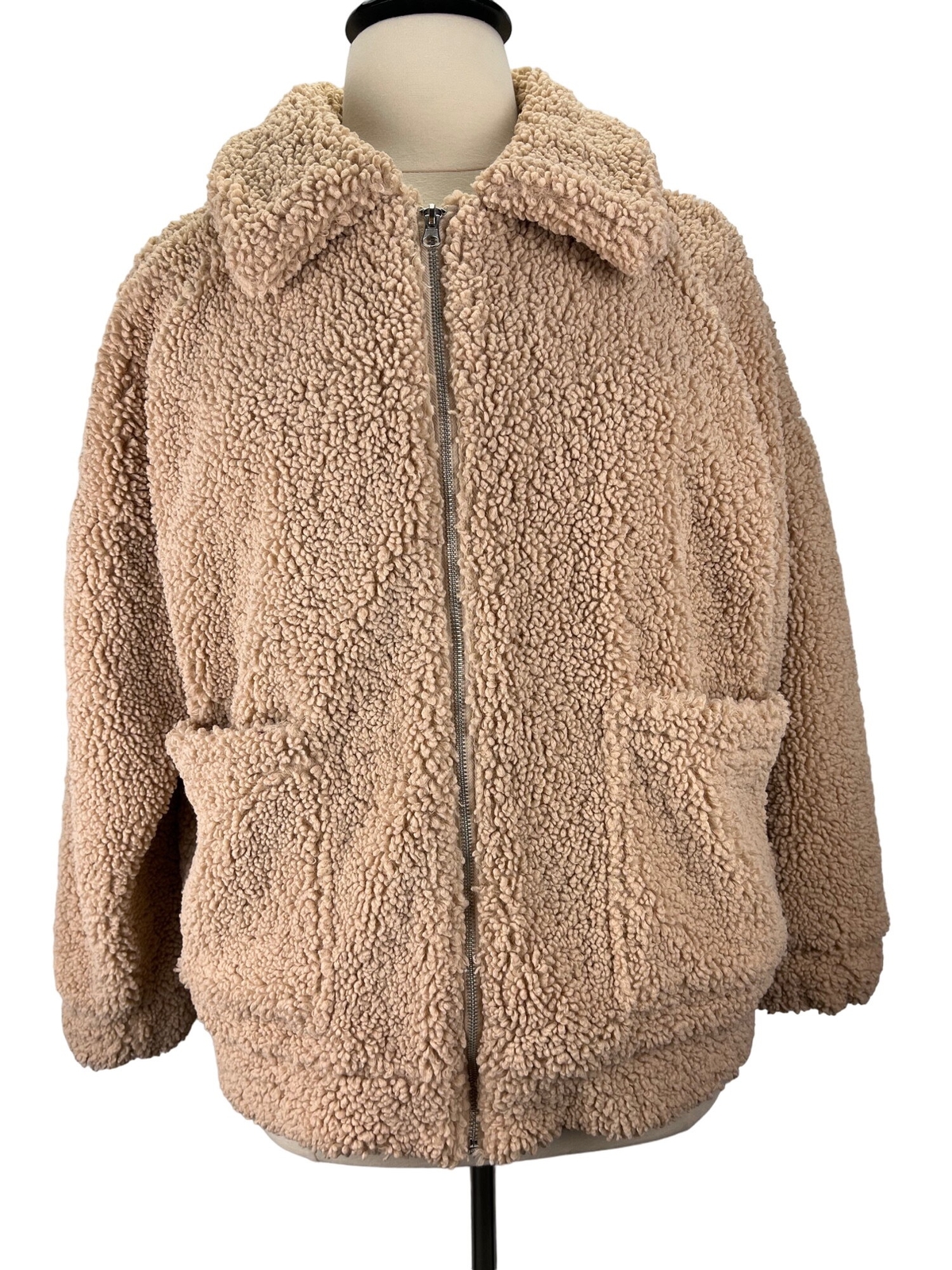 Cozy Fully Lined Sherpa Teddy Bear Camel Zip-Up Jacket, Size M/L