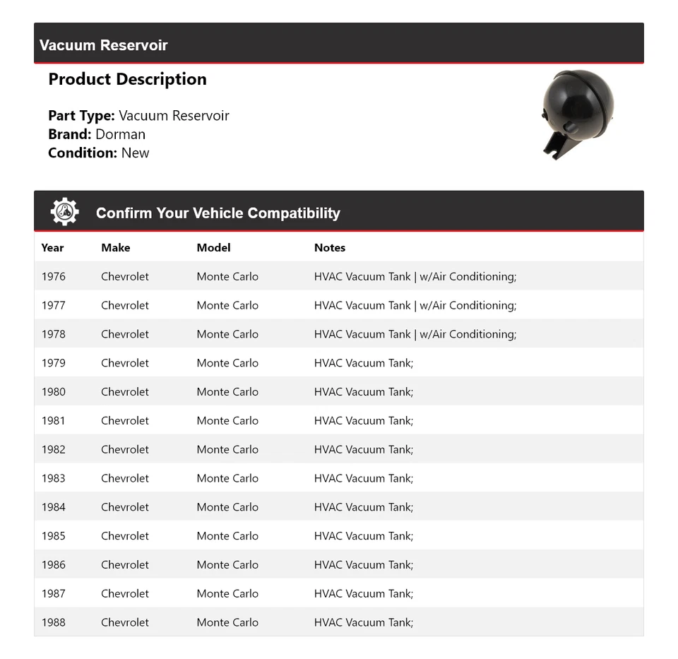 Depósito de vacío para Chevrolet Monte Carlo Dorman 1976-1988 1977 1978 1979 1980 Foto 2 de 4