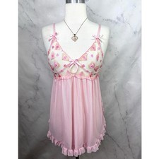 Coquette Pink Heart Embroidered Babydoll Nightgown Y2K Sheer Mesh Ruffle Slip S