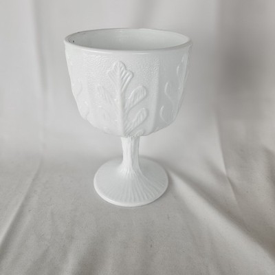 Vintage 1975 FTD Oak Leaf Pattern White Milk Glass Pedestal Chalice Planter