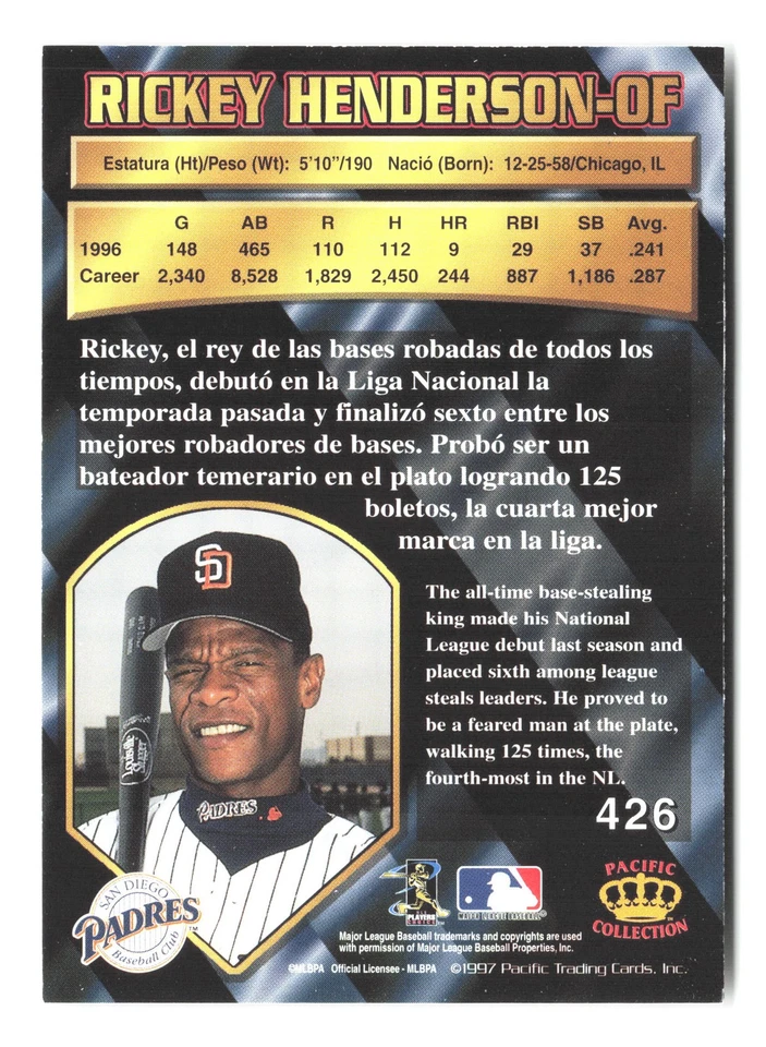 1997 Pacific Crown Collection #426 Rickey Henderson - Image 2 of 2