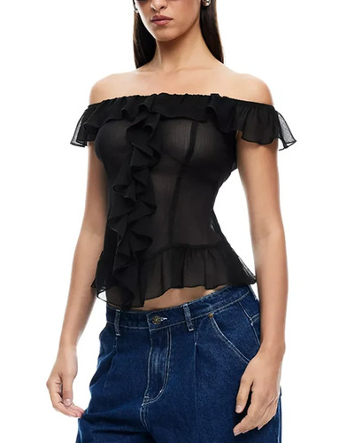 Lioness Timeless Ruffled Off Shoulder Top Women's S Black Sheer Short Sleeve
