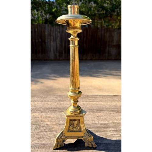 Antique Church Altar Brass Mary Joseph Jesus 12" Fluted Stem Tripod Candlestick - Picture 1 of 10
