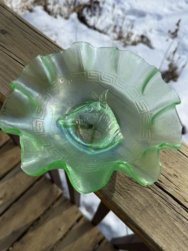 Dugan "PONY" 8 1/2” RUFFLE BOWL  FANTASTIC ICE GREEN COLOR CARNIVAL GLASS