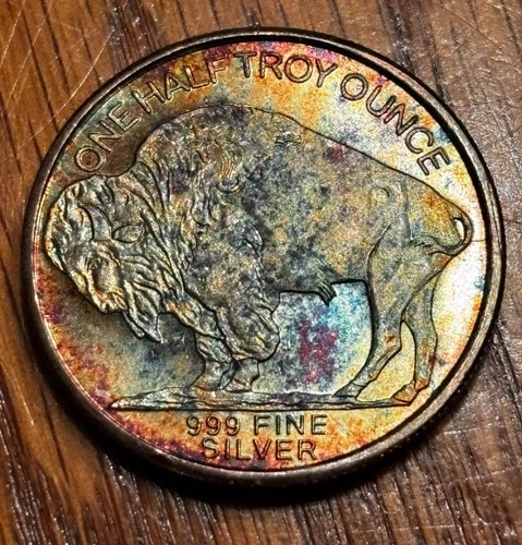 1/2 oz. Silver Buffalo Round W/Rainbow Toning