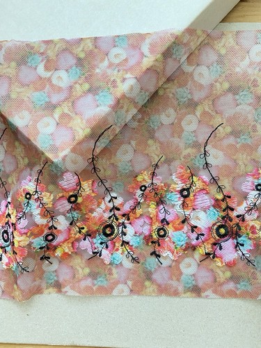 Floral Embroidered Lace Trim with colorful Mesh Base/Sewing/Dolls/Craft/7" Wide - Picture 3 of 19
