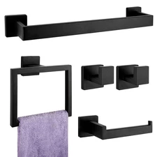 5 Pcs Black Bathroom Hardware Set Stainless Steel Towel Bar Towel Racks Hooks