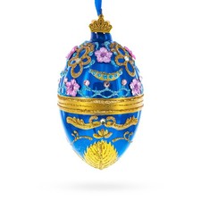 Flowers on Glossy Blue Glass Egg Ornament 4 Inches