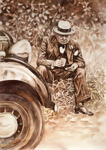 11.69 × 16.53"  Winston Churchill ~Lunch at the halt~ watercolor SIGNED & DATED
