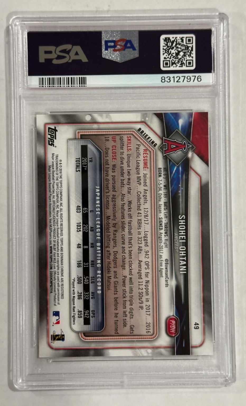2018 Topps Chrome Update SHOHEI OHTANI Rookie RC HMT32 PSA 10 GEM MINT Non-Auto view 3