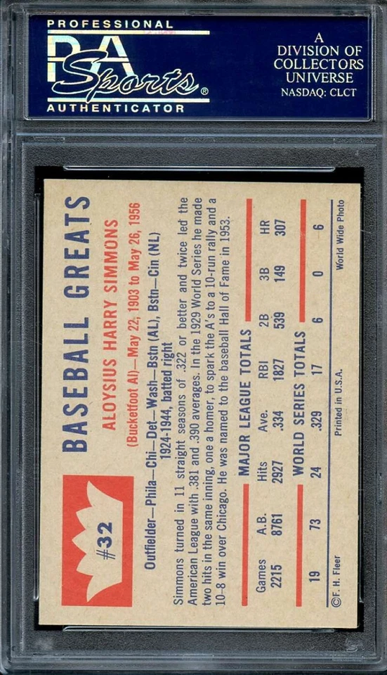 1960 FLEER #32 AL SIMMONS PSA 9 ИНДЕЙЦЕВ HOF *DS13401 - Изображение 2 из 2