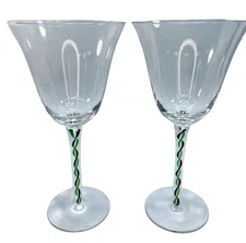2 Pier 1 Glass Wine Water Goblets Candy Ribbon RED GREEN WHITE Swirl Stem 9" SET
