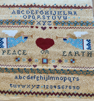 Vtg Needlepoint Folk Art Alphabet Embroidery Sampler Cottage PEACE ON EARTH  