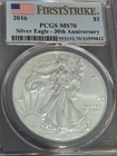 2016  $1 American Silver Eagle PCGS MS70 FS Flag Label,  30th Anniversary