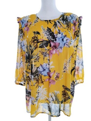 ICHI Damen Bluse Gr. S Gelb 3/4 Ärmel Rüsche Crew-Ausschnitt
