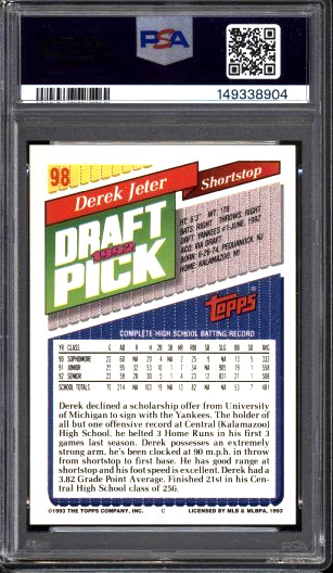 1993 Topps - NY Yankees Derek Jeter #98 HOF RC PSA 9 CENTERED view 2