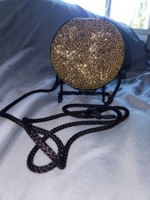 Oscar de la Renta Black Gold Beaded Round Evening Bag Chain Strap