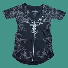 Affliction Womens Small Black Gray V Neck Cinched Side Y2K Grunge 2 Sided